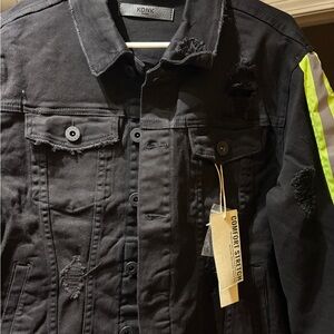 KDNK Men's Black and Neon Green Distressed Denim Jean Jacket Size Medium/Small